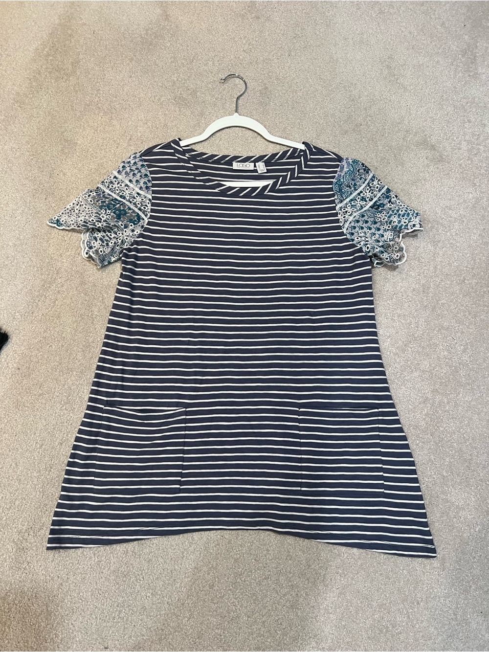 Gray and White Striped Top with Blue, Teal and White Floral Lace Sleeves.